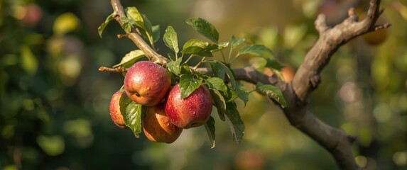 Obraz premium Apples hanging from a tree branch in a summer garden