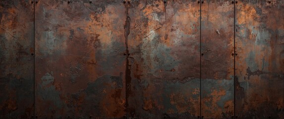 Obraz premium Panoramic view of rusted and oxidized metal texture, featuring an old metal panel backdrop