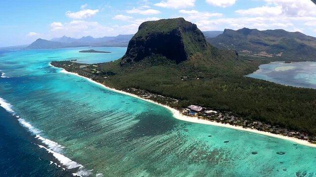 aerial view of  Mauritius island with mountain Le Morne Brabant