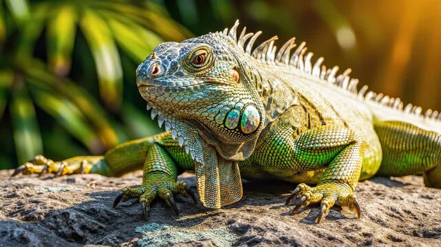 Wild iguana resting on rock under sunlight. Colorful scales glisten in warm sun. Exotic atmosphere surrounds vibrant greenery. Perfect for nature enthusiasts and wildlife lovers.