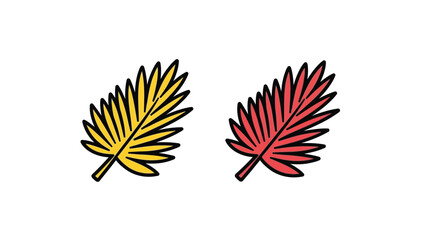 Obraz premium Two stylized tropical palm fronds illustrated in vibrant yellow and bold red colors featuring thick black outlines