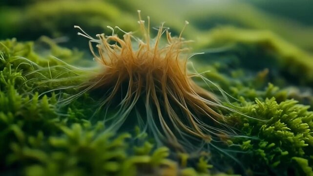 A fuzzy orange flower center with long stamen protruding, surrounded by dense green moss