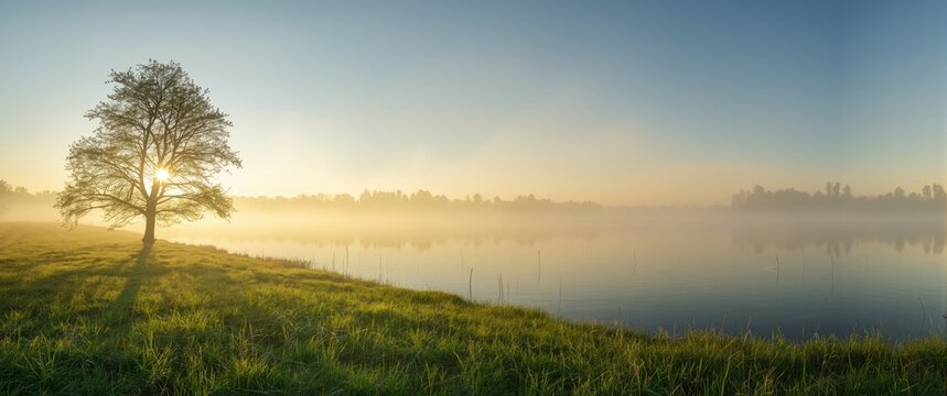 Sunlit morning mist at Randers Fjord featuring water, sky, and lush nature