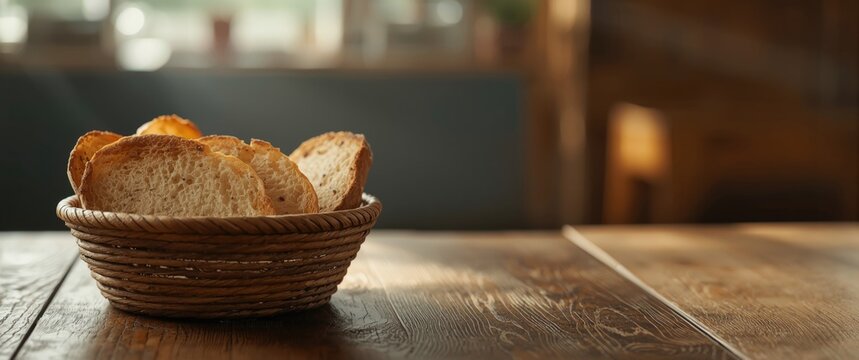 Freshly baked bread slices displayed in a woven basket on a wooden table, close-up shot