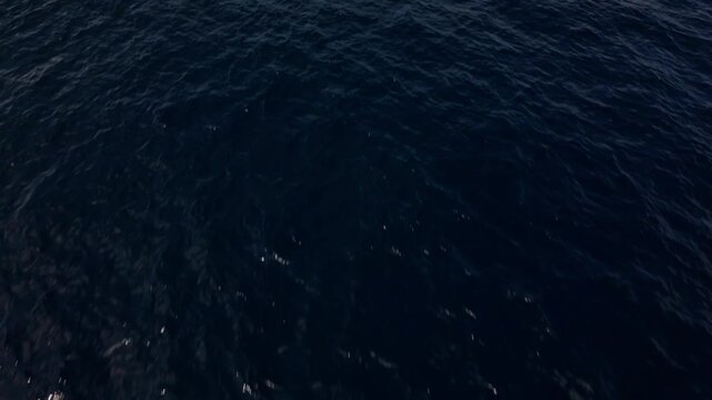 A cinematic drone shot rising from the dark ocean surface to reveal a large cargo tanker sailing forward on open water under clear skies. Smooth camera movement and 4K clarity.