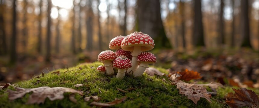 Fly agaric (Amanita muscaria) is a poisonous Toadstool Mushroom with red and white spots, seen in autumn season forests in Iserlohn Sauerland Germany. Macro from frog's point of view.