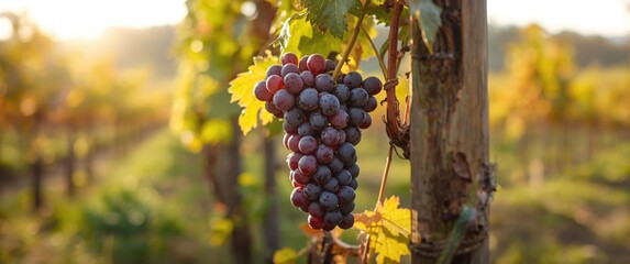 Obraz premium Outdoor shot of ripe rose grapes and close-up red wine in vineyard