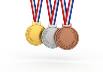 Three medals hanging on red, white, and blue ribbons, gold, silver, and bronze awards isolated on white background