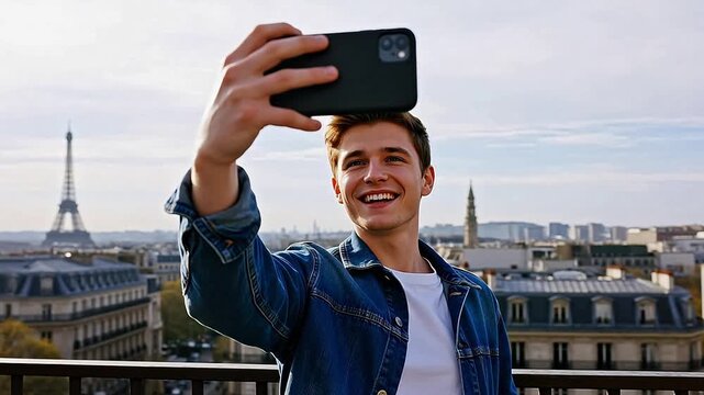 Young man taking selfie with Eiffel Tower