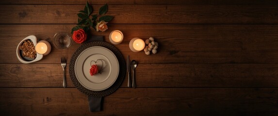 Fototapeta premium Valentine's Day or proposal background featuring a romantic dinner scene with wooden table, heart, rose, and cutlery overhead shot