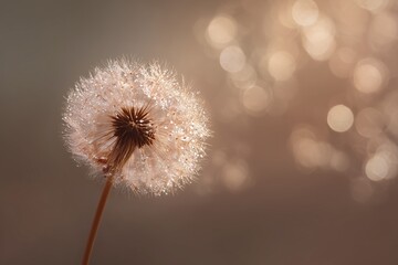 Obraz premium Close-up of dandelion seed head with water droplets and golden bokeh