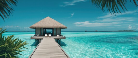 Fototapeta premium Elegant romantic destination for honeymoon, charming wooden bungalow by the water with two deckchairs on the terrace, island vacation in summer