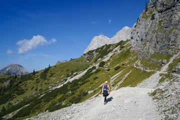 Naklejka premium Active Family Hiking in the Alps – Mother Walking with Baby Near Dachstein