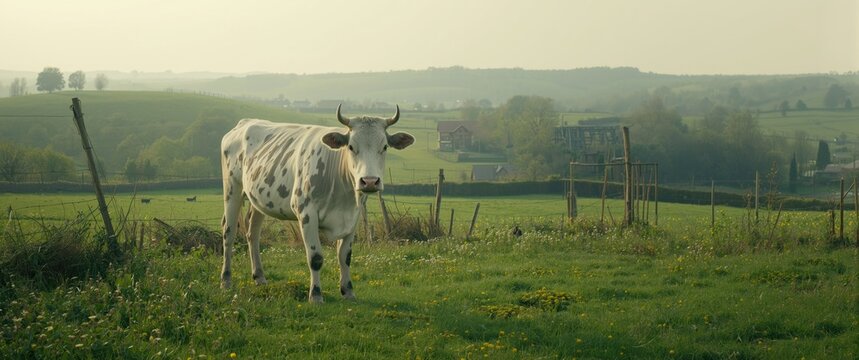 On the Village Outskirts, The Domestic Cow From The Peasant Farm Is Captured