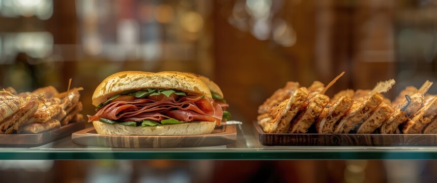 Different types of Spanich sandwiches - bocadillo showcased in shop window