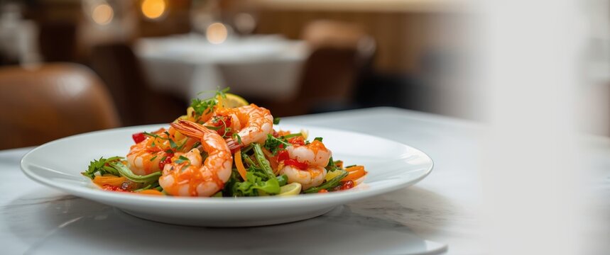 Lime-infused cooked shrimp salad with spicy chili sauce and vegetables