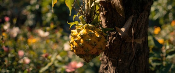 Dragon fruit with floral background in a garden setting, featuring summer, trees, and leaves