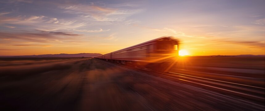 Freight train at sunset during railway cargo transportation with blurred effect
