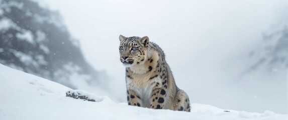 Fototapeta premium Snow Leopard with an inquisitive expression looking sideways at the camera