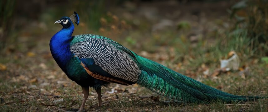 In a park in Alphen aan den Rijn, Netherlands, this Palawan peacock-pheasant (Polyplectron napoleonis) features a dazzling iridescent electric blue-violet and metallic green-turquoise dorsal plumage