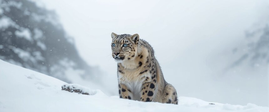 Snow Leopard with an inquisitive expression looking sideways at the camera
