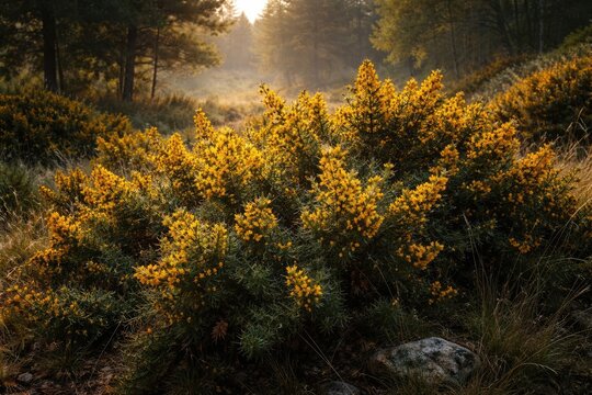 Wild thorny common gorse shrub thriving as invasive species in conservation park