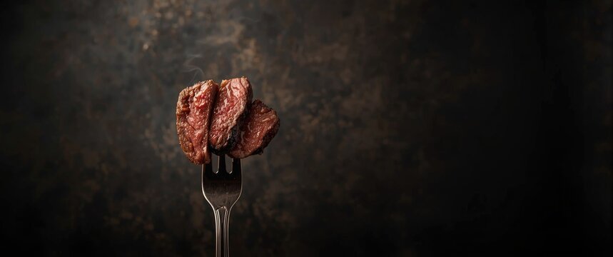 Steamed beef steak slices on a vintage fork with a dark backdrop