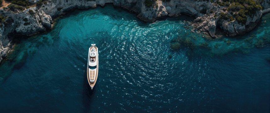 Billionaire's large white yacht anchored off rocky shores, captured from an aerial perspective. Mega yacht floating on blue water. Contemporary big white yacht on transparent water, coastline seen
