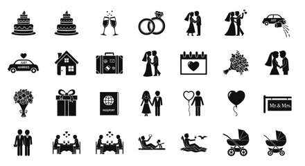 Collection of black and white wedding icons on white background