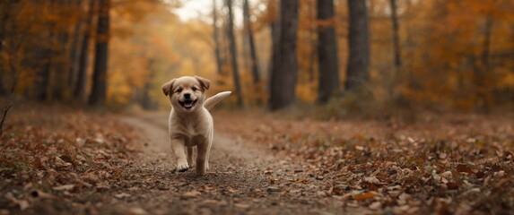 Fototapeta premium Happy dog puppy walking in the forest during fall with orange and golden hues