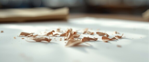 Back to school theme featuring Pencil sharpener shavings on white paper. Copy space