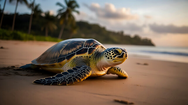 Green sea turtle on sand beach, ocean and sky background