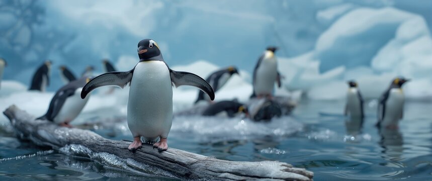 Crested penguin or rockhopper penguin standing on a wooden branch with wings slightly spread, surrounded by fellow penguins in Nat Osaka Aquarium Kaiyukan
