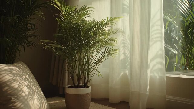 Sunlit Indoor Scene with Green Houseplant  Sheer Curtains  and Cozy Carpeted Floor  Creating a Calm and Inviting Atmosphere for or Home Living