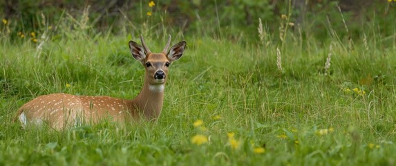 Fototapeta premium Side view of a young female white-tailed deer lying in grass during spring morning at Leon-Provancher conservation area, Neuville, Quebec, Canada