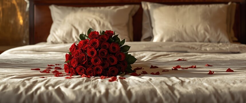Bouquet of red roses and falling petals on a bed with white bedding and two pillows