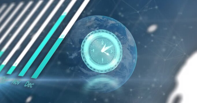 Animation of graphs and data over clock and globe with connections in navy space