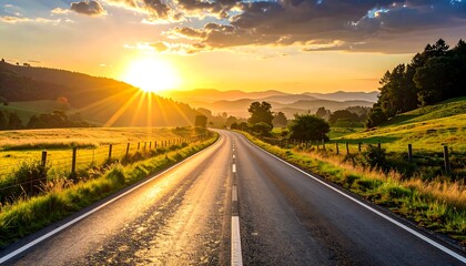 Obraz premium A scenic winding road stretches towards a golden sunset