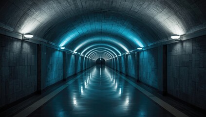 Fototapeta premium Underground tunnel with exposed concrete surfaces emphasizing maintenance checks