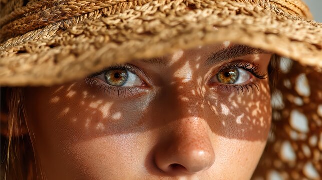 Close-up of female caucasian young adult with sunlit hazel eyes and straw hat creating playful shadow patterns