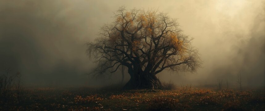 Twisted-branched autumnal trees with withered leaves radiate an eerie and captivating charm, surrounding the scene with a mysterious atmosphere