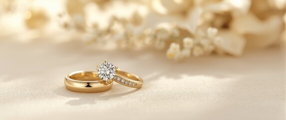 The image features a pair of gold rings on a beige background