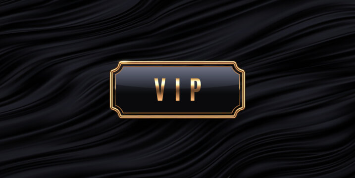 Luxury VIP gold label on black wavy silk background. Premium vector badge with golden frame on dark liquid satin texture for exclusive club invitation or membership design.