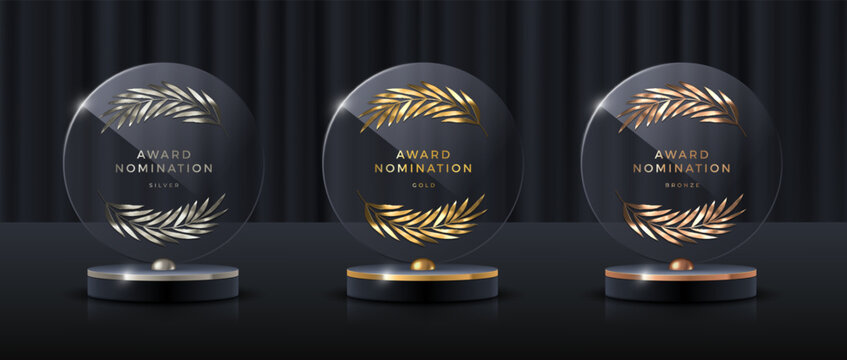 Luxury glass award trophies set with gold silver bronze laurel wreaths on black curtain background. Realistic round nomination plaques on podium for ceremony or festival design.