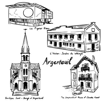 Hand Drawn Argenteuil Landmarks Illustration Featuring Le Figuier Blanc, L&rsquo;Atelier Jardins de l&rsquo;Abbaye, Basilique Saint Denys d&rsquo;Argenteuil and the Impressionist House of Claude Monet