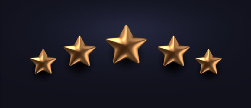 Five realistic 3D gold stars arranged in an arc on dark background. Vector golden rating icon for best quality badge, customer feedback review, ranking and award design.