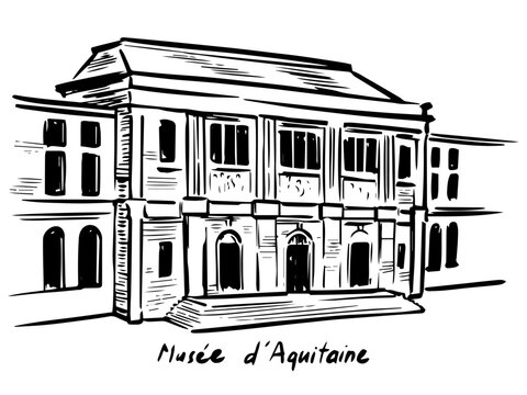 A detailed black-ink architectural sketch of the Mus&eacute;e d&rsquo;Aquitaine, capturing its historic museum fa&ccedil;ade, balanced proportions, and cultural heritage in expressive hand-drawn line art.