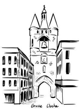 A detailed black-ink architectural sketch of the Grosse Cloche in Bordeaux, capturing its medieval bell tower, stone gateway, and historic presence in expressive hand-drawn line art.