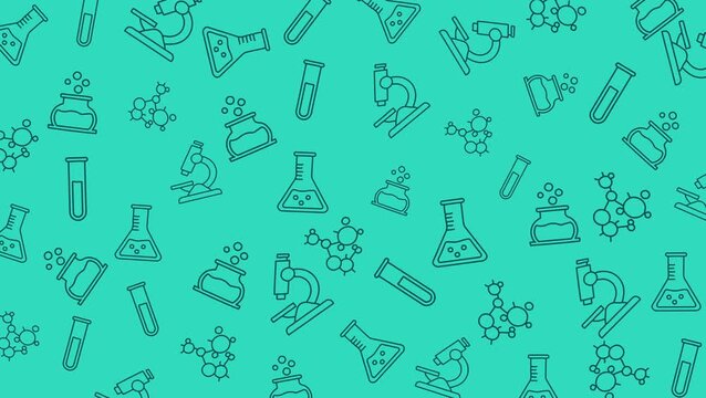 Seamless looping animation of science line icons pattern featuring laboratory tools and chemistry symbols. Clean modern educational background for technology and research visuals.