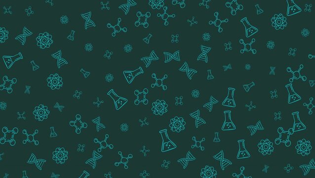 Seamless looping animation of science line icons pattern featuring laboratory tools, molecules, DNA and chemistry symbols. Clean modern educational background for technology and research visuals.